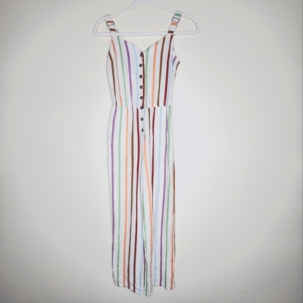 Modcloth Off White Striped Cami Cropped Linen Blend Jumpsuit XS